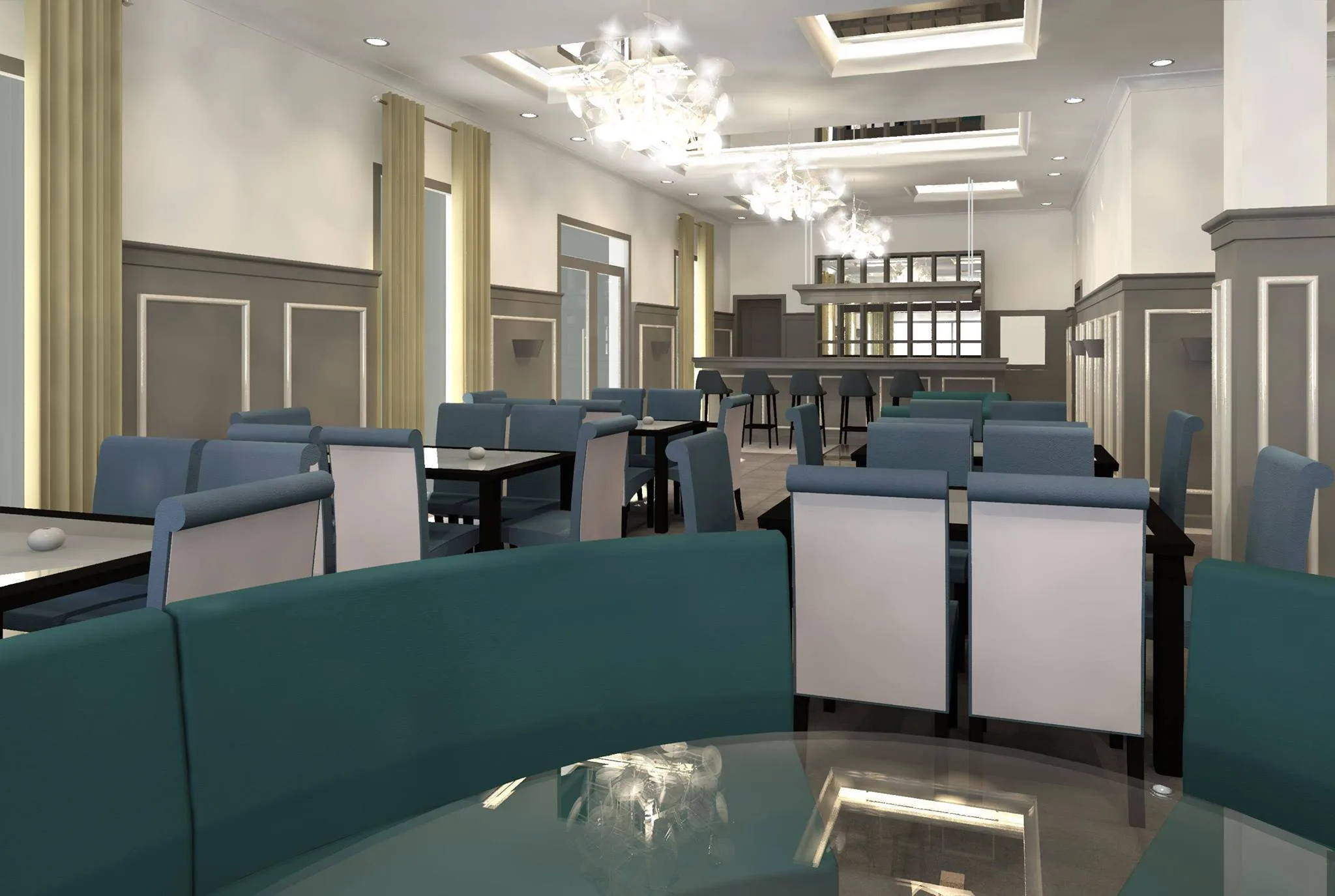 Sala restaurantului, cu scaune turcoaz