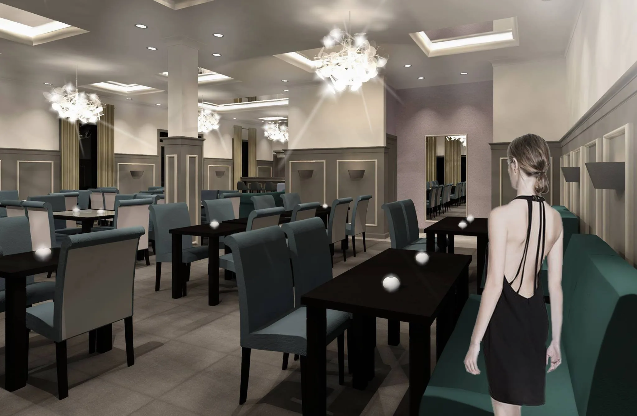 Sala restaurantului Royal XXL: mese aranjate sub candelabre, lumină naturală