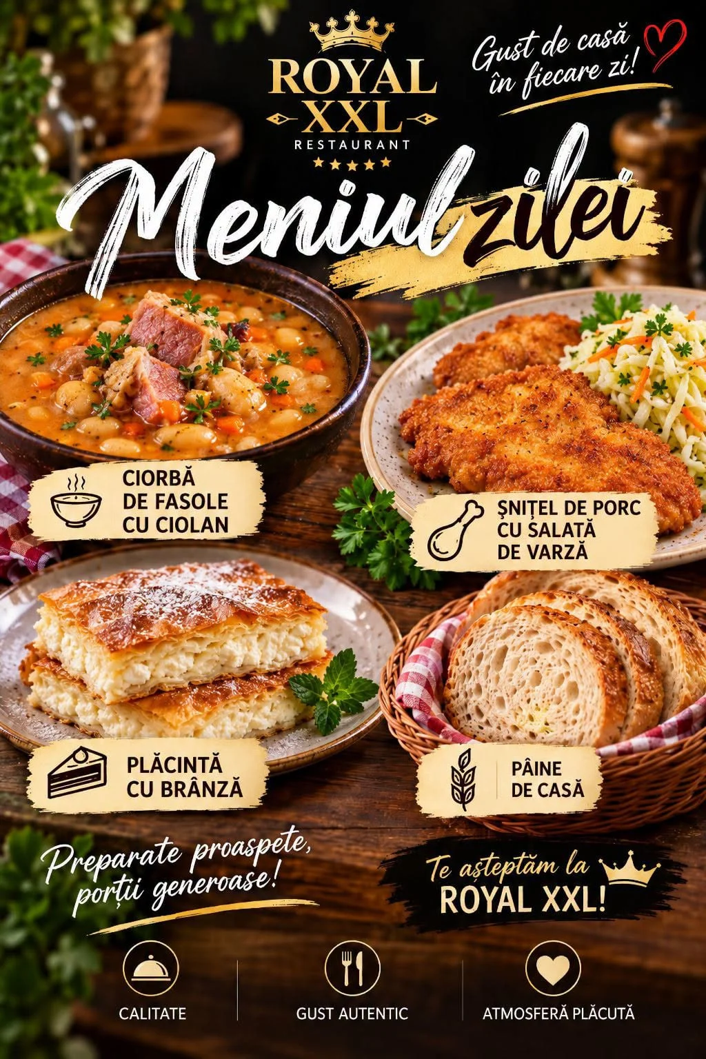 Meniul zilei la Royal XXL: Ciorbă de fasole cu ciolan, Șnițel de porc cu salată de varză, Plăcintă cu brânză, Pâine de casă